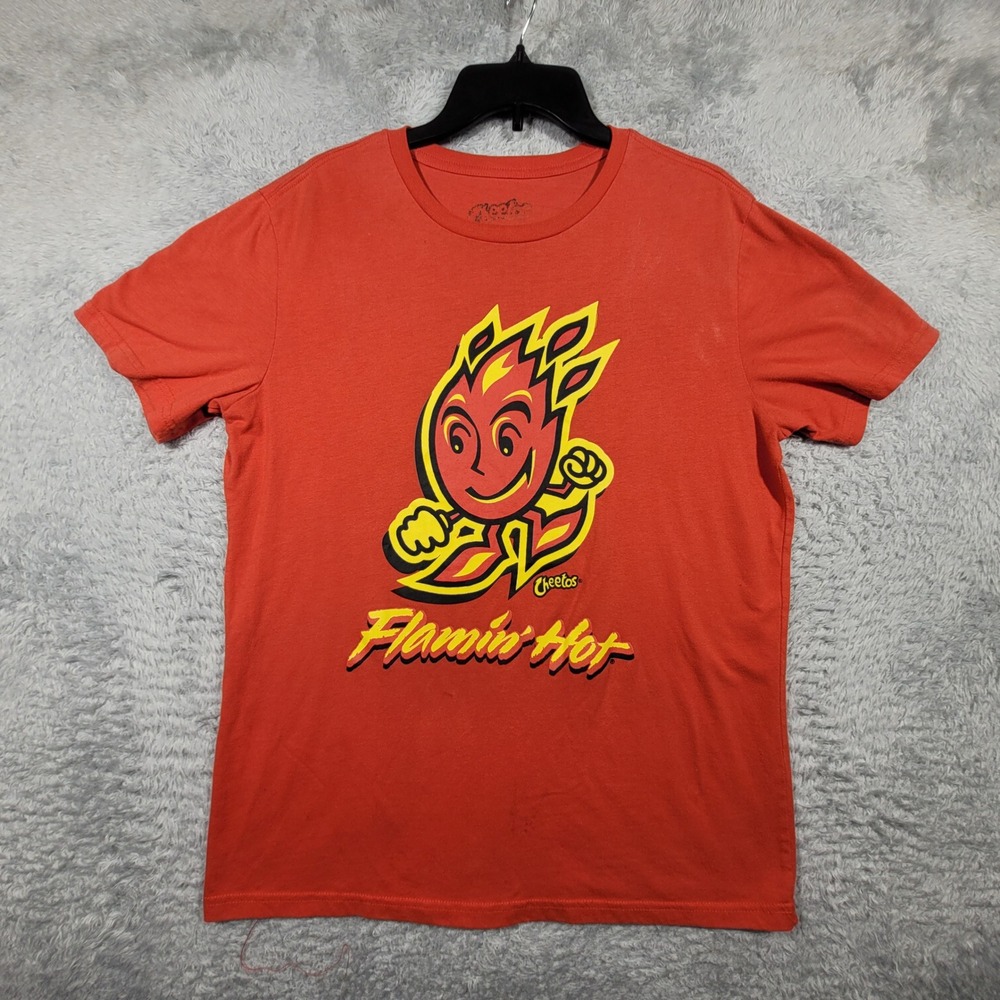 Cheetos‎ Flamin Hot Shirt Orange Graphic Tee Mens Large Food Snack *stains